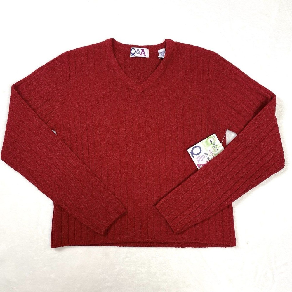 Vintage Y2K Q&A Women's Red Ribbed V-Neck Stretch Sweater Sz L NWT